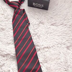 Hugo Boss Black and Red Striped Silk Tie